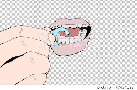 歯間ブラシで歯を掃除するリアルな手のシンプルイラストのイラスト素材