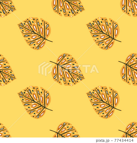 Botanic exotic seamless pattern with hand drawn doodle monstera leaf ornament. Orange pastel background. 77434414