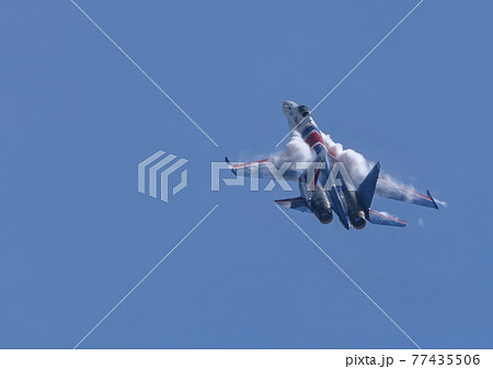 Moscow Russia Zhukovsky Airfield 31 August 2019: The Russian Knights Russkie Vityazi aerobatic team performs a demonstration flight with aerobatics figures of the international aerospace salon 77435506
