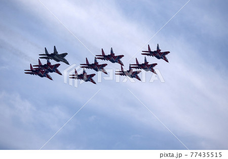 Moscow Russia Zhukovsky Airfield 31 August 2019: aerobatic team swifts MiG-29 perfoming demonstration flight of the international aerospace salon MAKS-2019 77435515