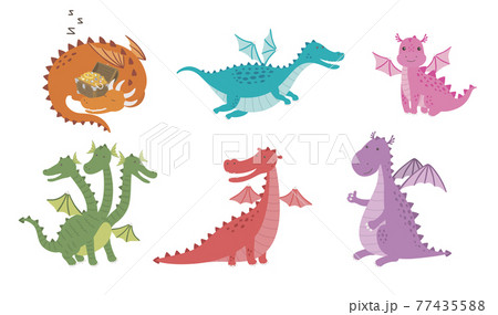 Vector set cartoon images of funny dragons of different colors and forms in different poses on a white background. Vector set cartoon images of funny dragons of different colors and forms in different poses on a white background. 77435588