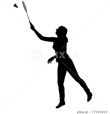 Black silhouette of female badminton player on white background 77435814