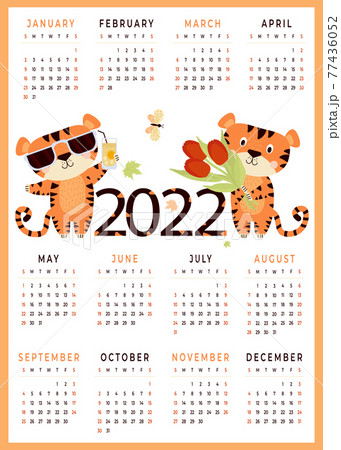 Childrens calendar 2022 with cute animals. Tiger symbol of the new year 2022. Vector illustration. 12 months calendar vertical template 77436052