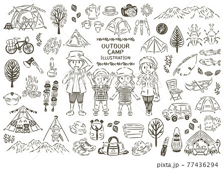 夏のアウトドアレジャー　キャンプ　バーベキュー　家族　アイコン　イラストセット 77436294