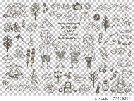 夏のアウトドアレジャー　キャンプ　バーベキュー　家族　アイコン　イラストセット 77436294