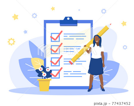 Positive business woman with a giant pencil on his shoulder nearby marked checklist on a clipboard paper. Successful completion of business tasks. Flat vector illustration. EPS 77437452
