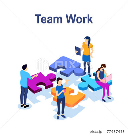 Teamwork success isometric icon, puzzle business solution, working together, association of people, startup, flat vector illustration EPS 77437453