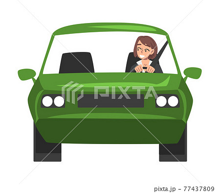 Young Woman Riding Green Car, Front View of Cheerful Girl Driver Driving Vehicle Cartoon Vector Illustration 77437809