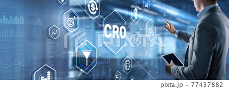 Conversion Rate Optimization. CRO Technology Finance concept Businessman pressing on a virtual screen 77437882