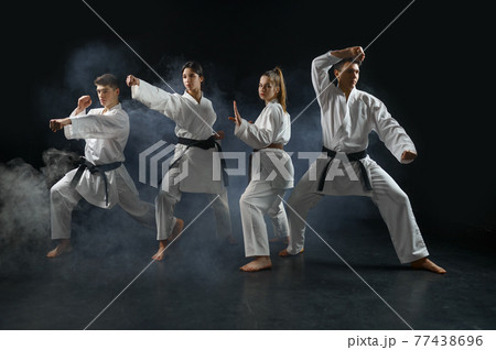 Karate fighters in kimono poses in combat stances 77438696