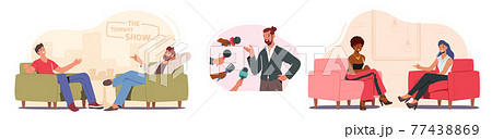 Set Tv Night Show with Guest. Male and Female Celebrity Characters Giving Interview to Television Presenter in Studio Set Tv Night Show with Guest. Male and Female Celebrity Characters Giving Interview to Television Presenter in Studio 77438869