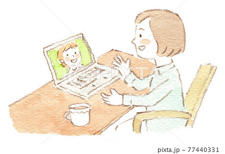 ノートパソコンでオンライントークをしている女性の水彩イラスト 77440331