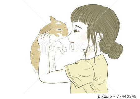 ペットのうさぎを抱っこする女の子のイラスト素材
