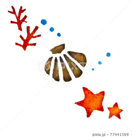 シンプルな手描き風の貝とヒトデとサンゴのイラストのイラスト素材