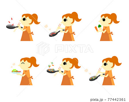 料理をする女性アイコン1 炒め物 のイラスト素材