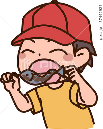 白い背景で帽子をかぶり魚を食べる男の子のイラスト素材