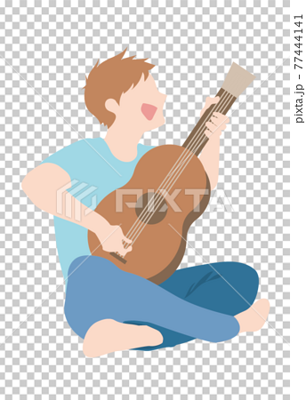 床に座ってギターの弾き語りをする男性のイラスト素材