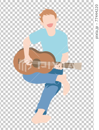 A man sitting in a chair and playing the guitar 77444220
