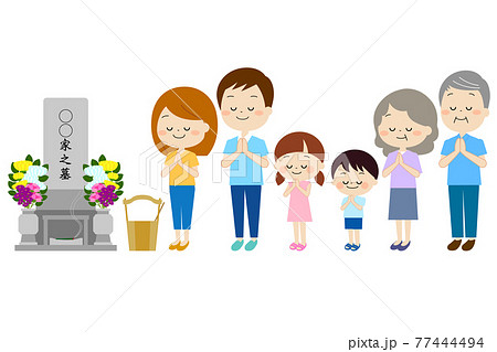 お墓とお参りする家族 お墓とお参りする家族 77444494