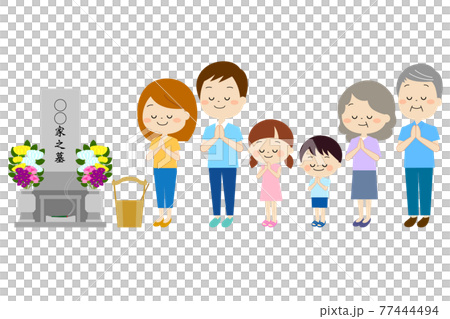お墓とお参りする家族 お墓とお参りする家族 77444494