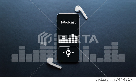 Podcast music. Mobile smartphone screen with podcast application, sound headphones. Audio voice with radio microphone on black background. Broadcast media music banner with copy space. Podcast music. Mobile smartphone screen with podcast application, sound headphones. Audio voice with radio microphone on black background. Broadcast media music banner with copy space. 77444517
