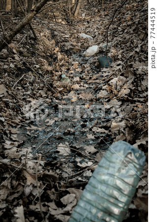 Environmental concept. Forest with trash, plastic rubbish. garbage waste in environment woodland. Ecological problem with Empty used dirty plastic bottles. Environmental concept. Forest with trash, plastic rubbish. garbage waste in environment woodland. Ecological problem with Empty used dirty plastic bottles. 77444519
