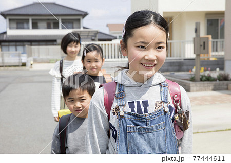 集団登校をする小学生グループ 77444611