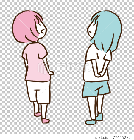 上を見上げる女の子 半袖のイラスト素材