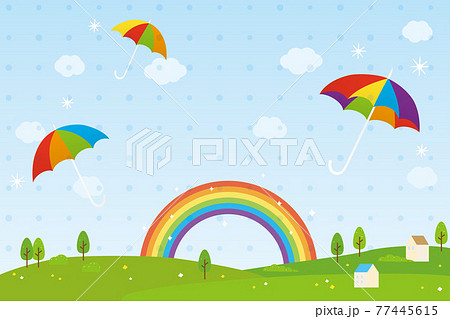 虹とカラフルな傘の背景イラストのイラスト素材