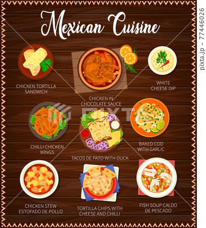 Mexican restaurant menu with seafood and meat meal 77446026