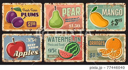 Fruits rusty metal plates, vector rust tin signs 77446040