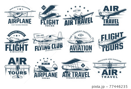 Vintage plane isolated icons, air travel, aircraft Vintage plane isolated icons, air travel, aircraft 77446235