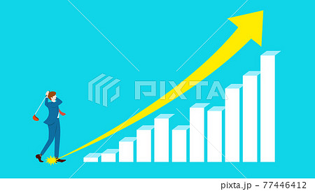 ゴルフのドライバーショットを打つビジネスマンと右肩上がりの棒グラフのイラスト素材
