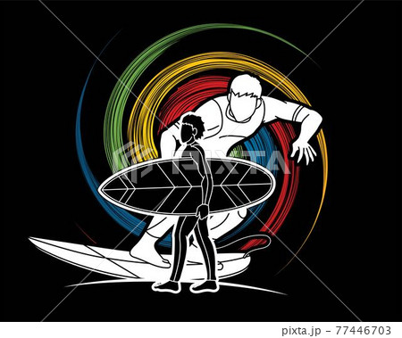 Group of Surfing Sport Men Players Action Cartoon Graphic Vector 77446703