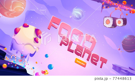 Fast food planet cartoon landing, space adventure 77448613