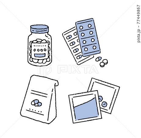 シンプルなタッチ　錠剤や粉薬のイラストレーションセット 77449867