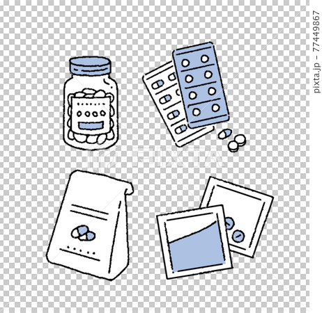シンプルなタッチ　錠剤や粉薬のイラストレーションセット 77449867