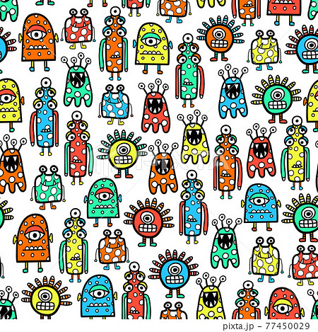 Seamless pattern cute monsters and aliens. Funny Childrens repeating vector background coloring book Seamless pattern cute monsters and aliens. Funny Childrens repeating vector background coloring book 77450029
