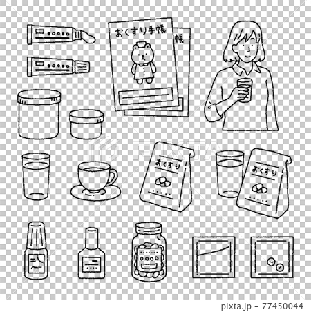 Illustration set of various medicines and women taking medicines 77450044