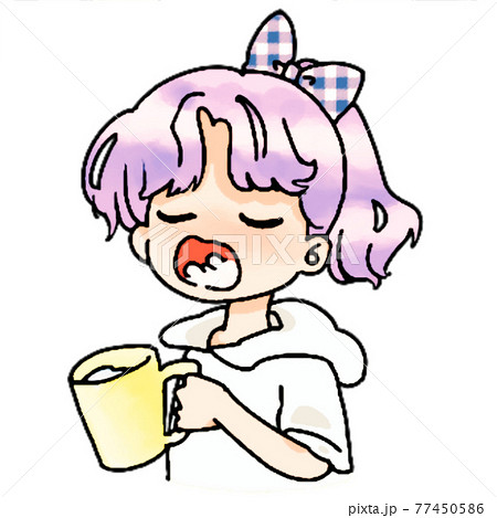 うがいをするポニテの可愛い女の子 紫のイラスト素材