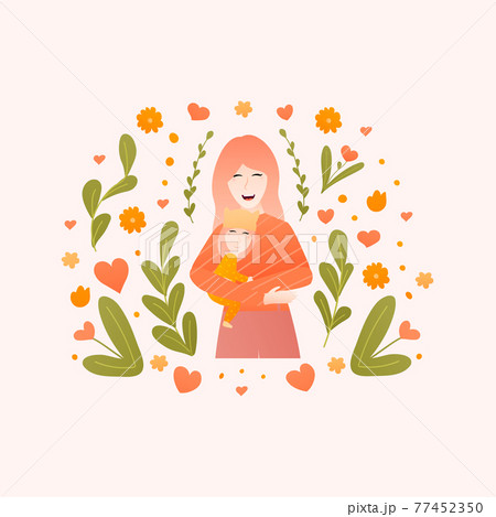 Mother cuddlong her daughter, flower elements around, spring theme for happy mothers day, motherhood 77452350