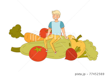 Blond Male Sitting on Pile of Huge Vegetables as Source of Vitamin and Energy Vector Illustration 77452569