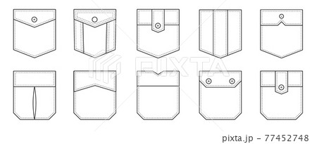 Patch pocket. Set of uniform patch pockets shapes for clothes, dress, shirt, casual denim style. Isolated icons. 77452748