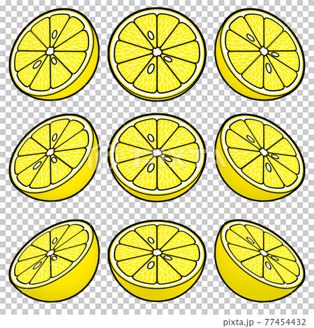 果物のイラスト素材　半分に切られたグレープフルーツ　線画風　カラー　9点セット　カット集 77454432