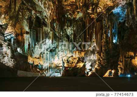 Nerja, Malaga Province, Andalusia, Spain. Cuevas De Nerja - Famous Caves. Different Rock Formations, Stalactites And Stalagmites In Nerja Caves. Natural Landmark 77454673