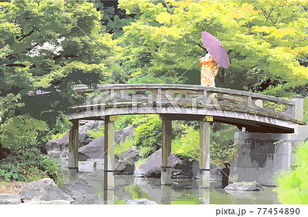 日本庭園の太鼓橋に佇む着物女性 イラストのイラスト素材