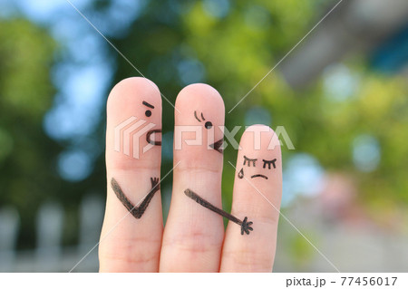 Fingers art of people during quarrel. Child cries, mother reassures his. Fingers art of people during quarrel. Child cries, mother reassures his. 77456017