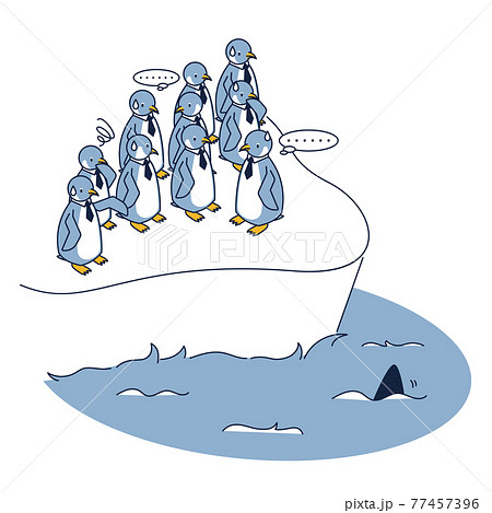 大海に飛び込むか迷っているペンギンのイラスト素材