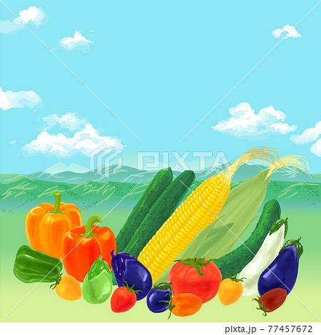 豊かな自然に育まれたトマトやナスなど夏野菜のイメージイラスト ベクターのイラスト素材