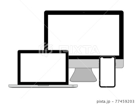 デスクトップパソコン、ノートパソコン、スマホが並んだレスポンシブのイメージ 77459203